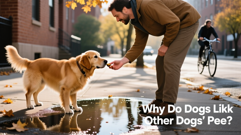 Dog owner using a treat to redirect their dog's attention away from a puddle on a sidewalk during a walk