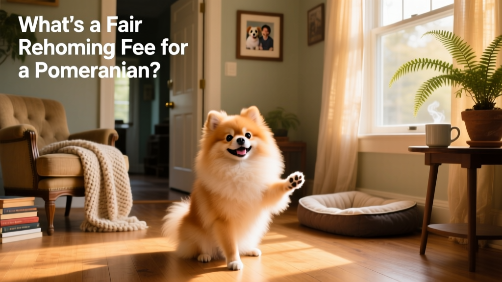 A cheerful Pomeranian sitting beside a cozy home interior