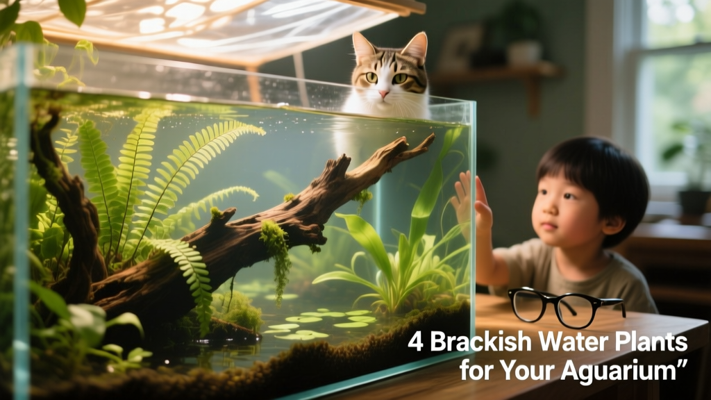 A lush brackish aquarium featuring Java fern attached to driftwood and Sago pondweed swaying in gentle current