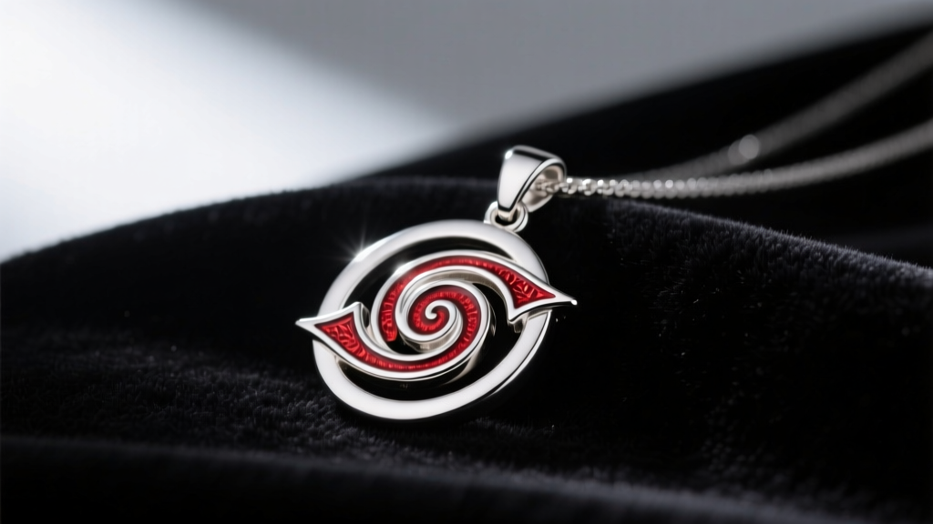 Sterling silver Itachi Uchiha Mangekyō Sharingan pendant on dark velvet, softly lit to highlight red enamel details and metalwork
