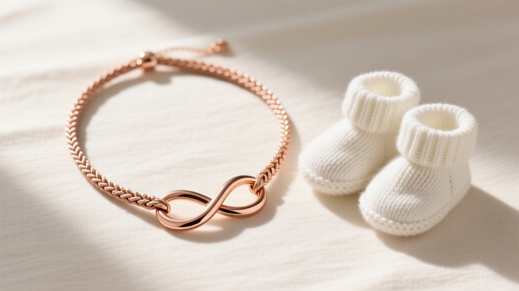 Flat lay gift box with rose gold belly infinity necklace on adjustable macrame cord, resting beside tiny white knit baby booties