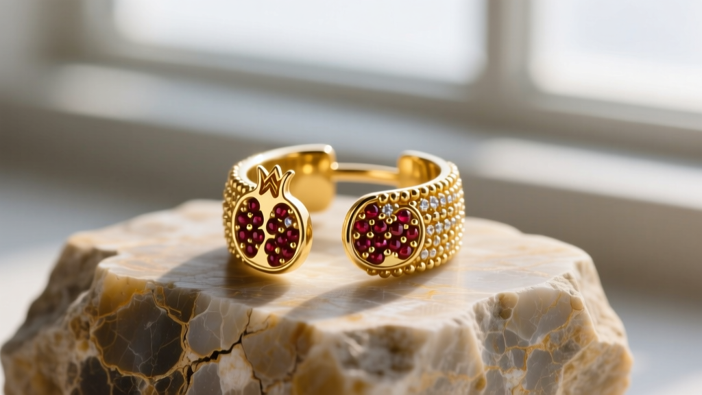 Macro shot of a 16-gauge solid yellow gold ear cuff with pomegranate granulation details, resting on raw unpolished limestone.