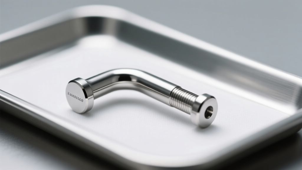 Close-up of implant-grade titanium L-bend barbell resting on sterile medical tray, bright clinical lighting, macro focus