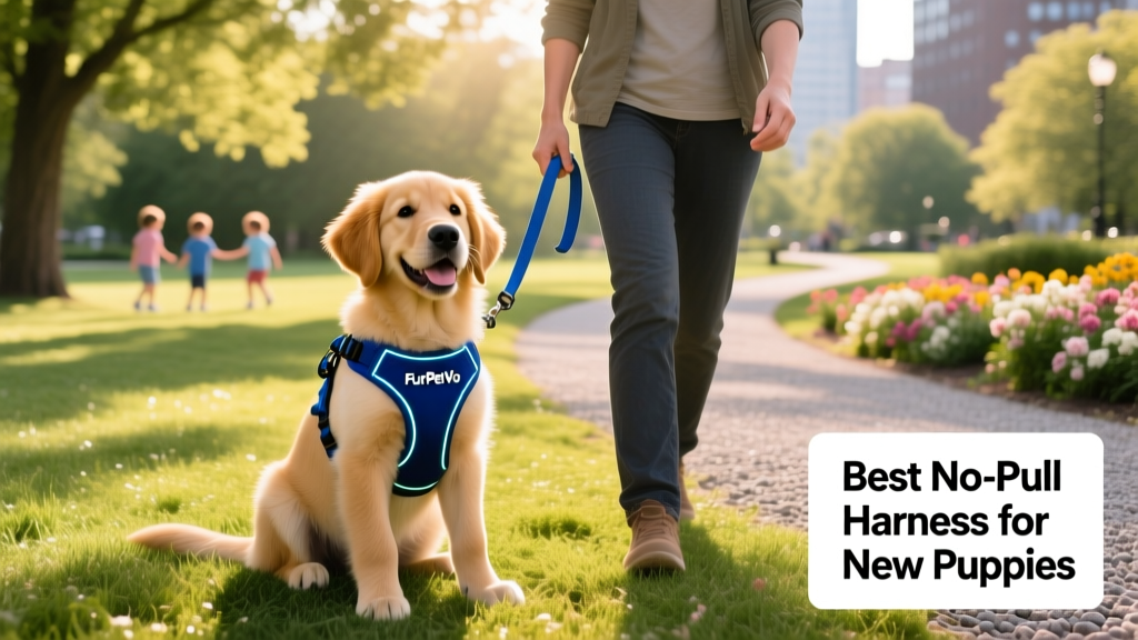 Happy puppy sitting calmly beside owner during a park walk, wearing FurPetVo harness, leash loose