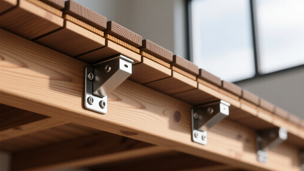 Close-up of capped composite deck boards showing thermal expansion gaps and stainless steel hidden fastener clips on treated wood joists