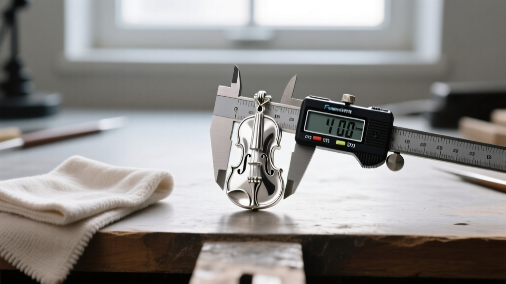 Workbench displaying a raw cast sterling silver violin pendant, polishing cloth, and digital calipers measuring the tiny bridge.