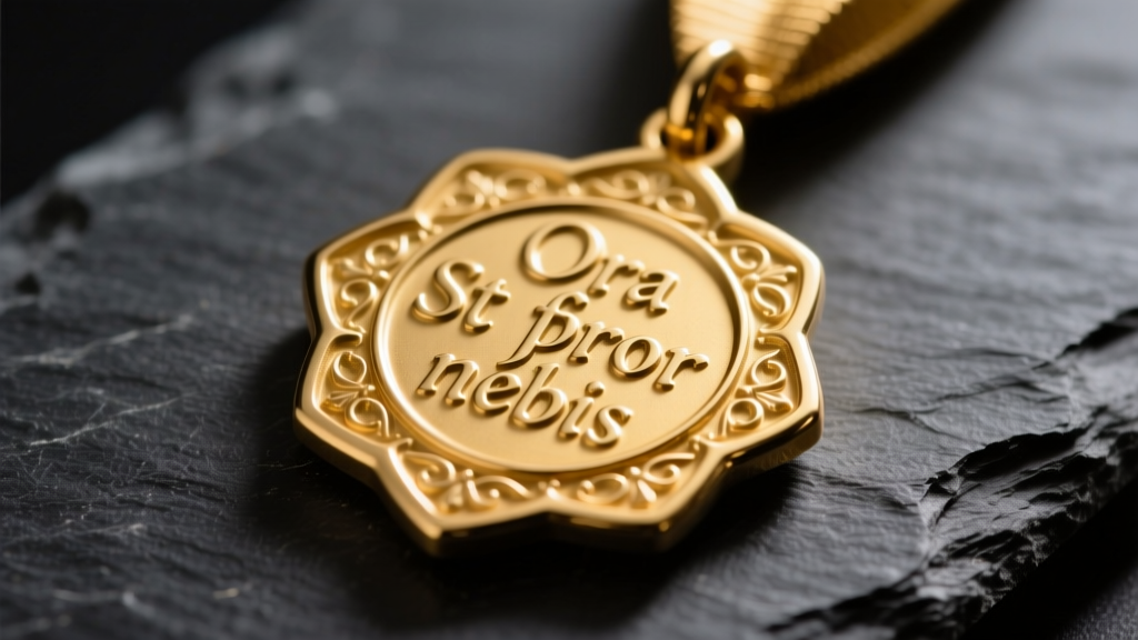 Close-up of a solid 14k yellow gold St Benedict necklace on dark slate, highlighting deep-relief Latin text and crisp cast edges.