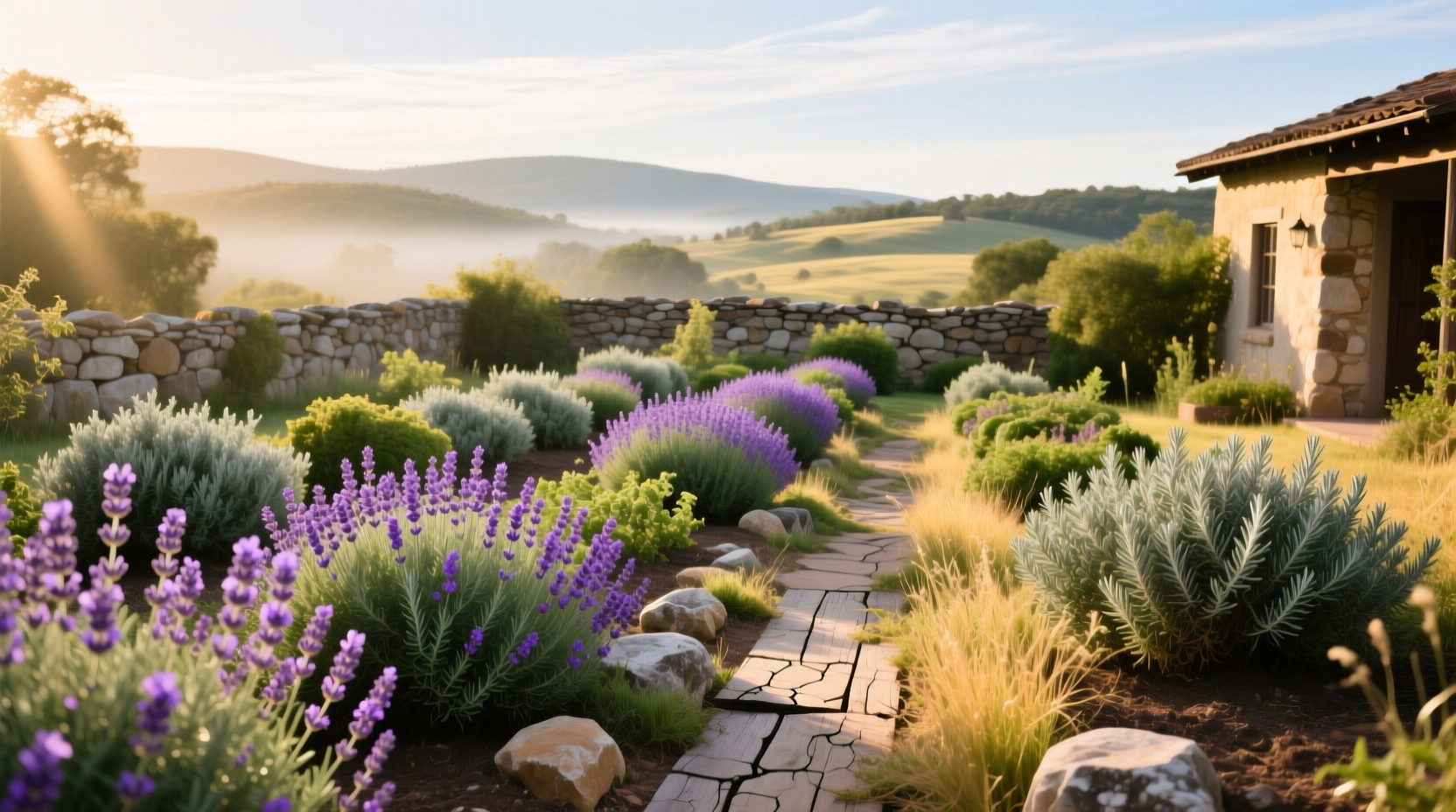 Texas Hill Country herb garden featuring drought-tolerant rosemary and lavender