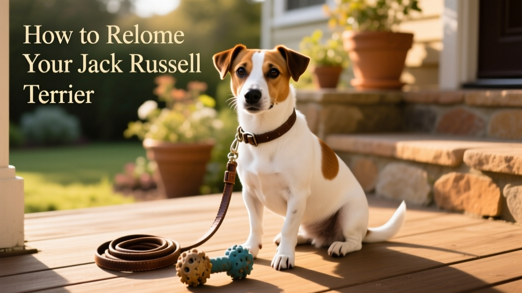 A calm, well-groomed Jack Russell Terrier sitting beside a leash and toy on a sunlit porch