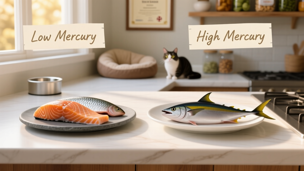Side-by-side comparison: safe low-mercury fish (like salmon and sardines) versus high-mercury fish (like tuna and swordfish) on a clean kitchen counter