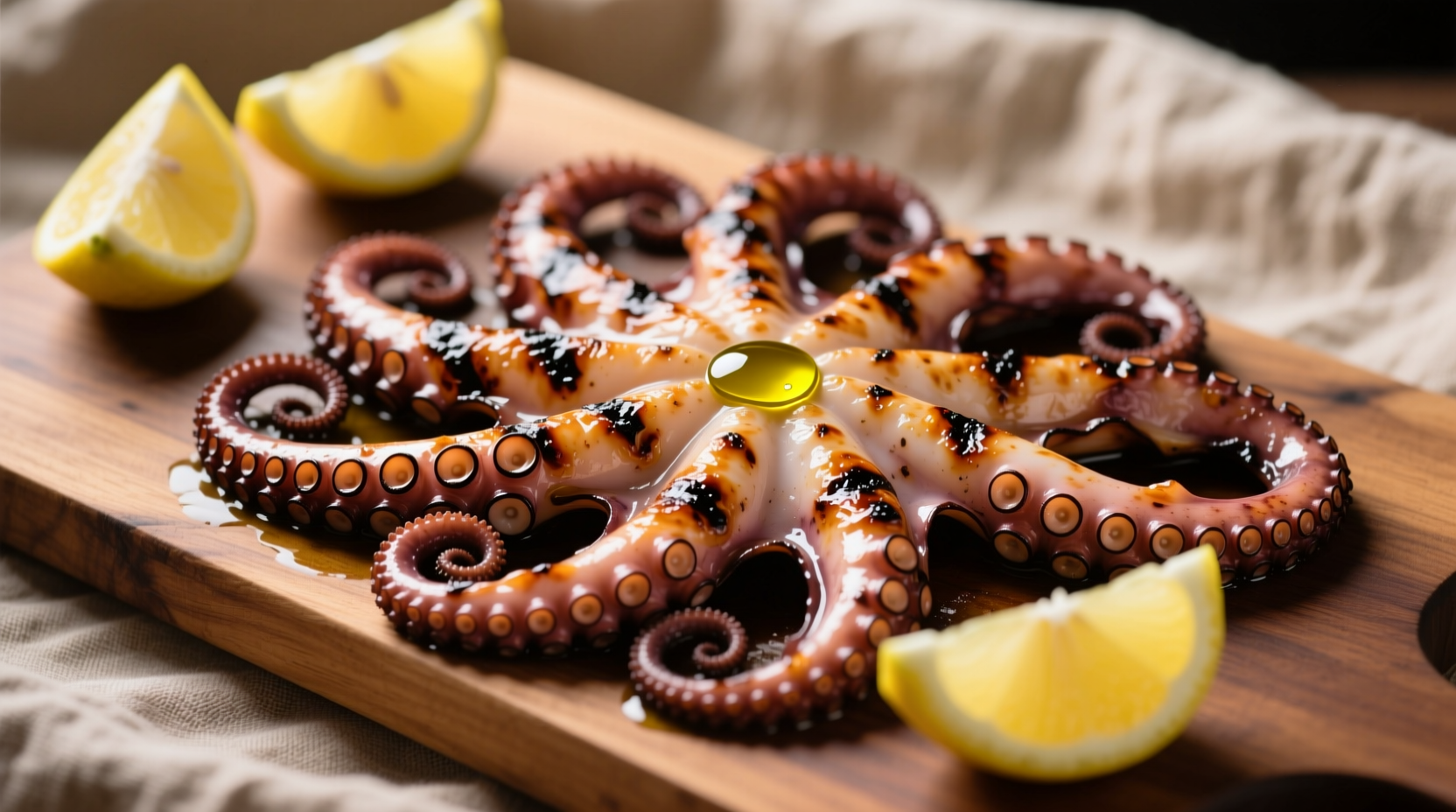 Perfectly grilled octopus tentacles with lemon wedges