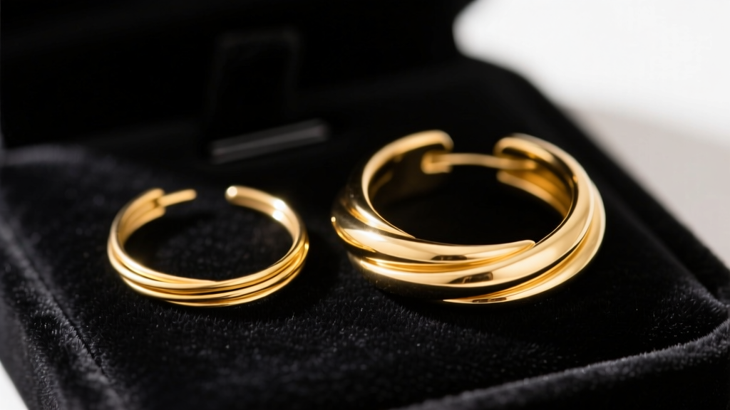 Macro shot of an 18-gauge thin gold wire hoop next to a 12-gauge thick gold hoop resting on a dark velvet jewelry display pad