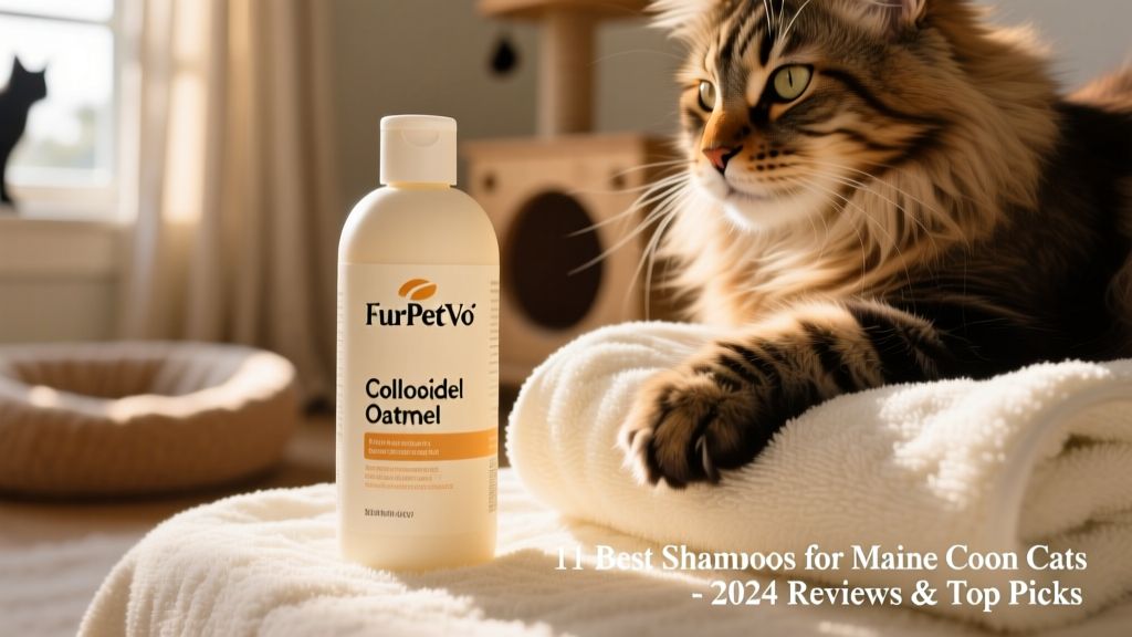Close-up of FurPetVo Colloidal Oatmeal Shampoo bottle with label clearly visible, next to a Maine Coon’s paw resting gently on a soft towel