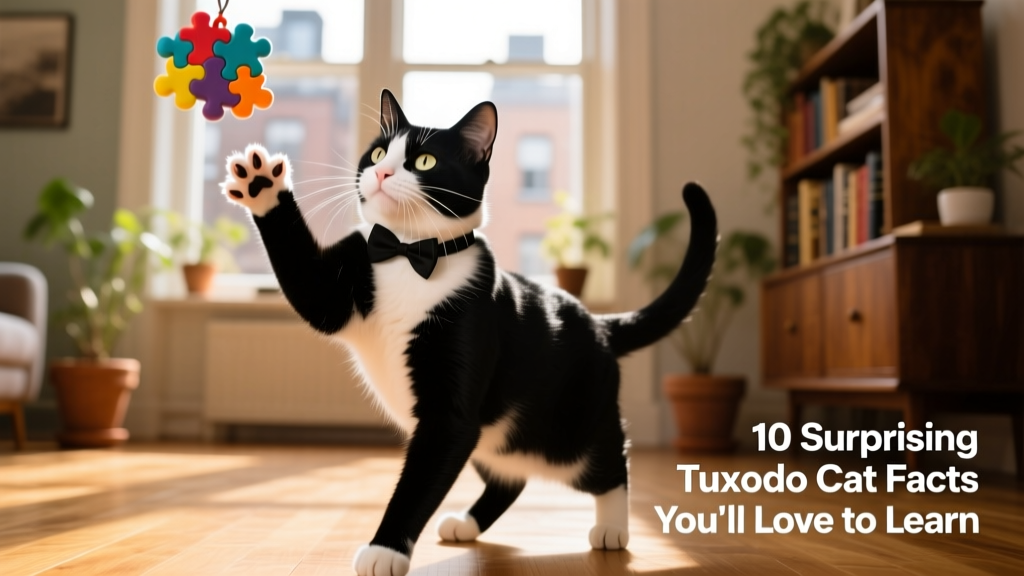 A tuxedo cat intently watching a puzzle toy, paw raised mid-reach, showing focus and dexterity