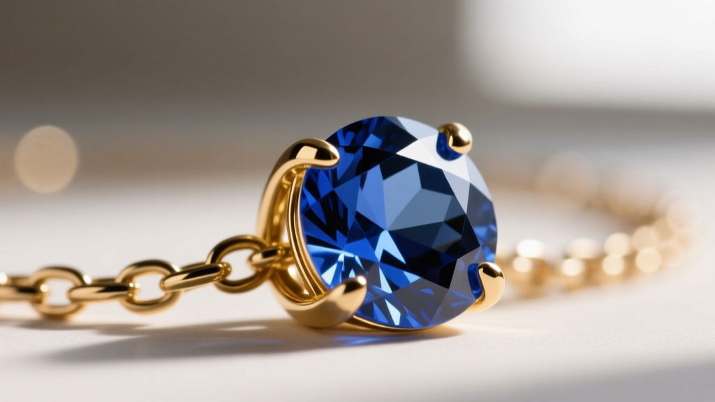 Macro shot of a gold-tone prong setting securing a faceted sapphire-blue glass crystal on a brass chain necklace base