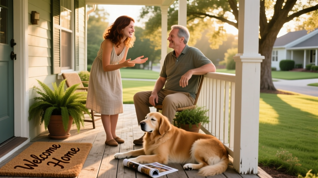 Two people — a house sitter and homeowner — chatting warmly on a front porch, with a golden retriever resting nearby