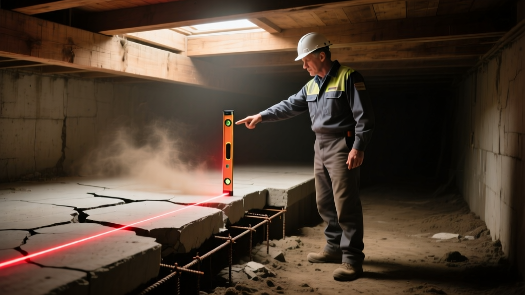 Structural engineer pointing at a laser level measuring differential settlement on a cracked concrete slab foundation in a dimly lit crawl space