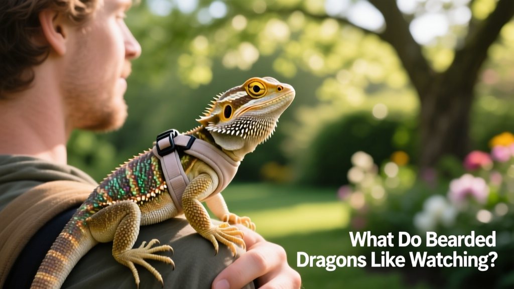 Bearded dragon wearing a soft, adjustable harness while sitting calmly on a person's shoulder outdoors