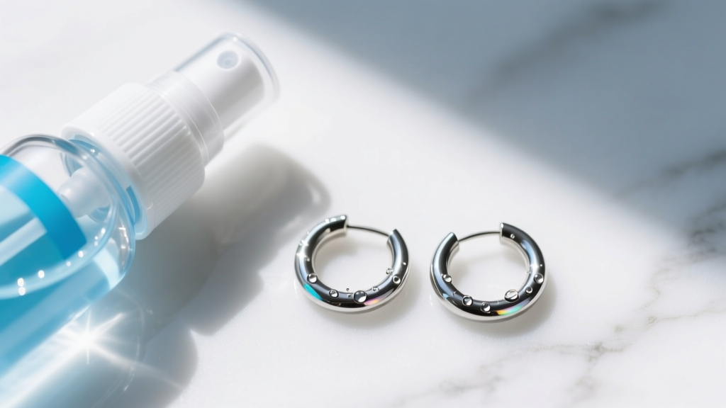 Sterile saline spray and niobium hoops on white marble under bright morning light, top-down macro lifestyle jewelry close-up.