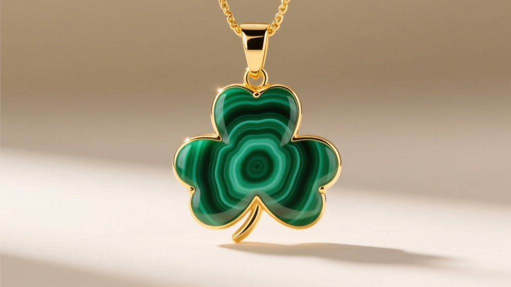 Polished green malachite clover pendant in 18k yellow gold, showing natural banding and concentric rings on the gemstone.