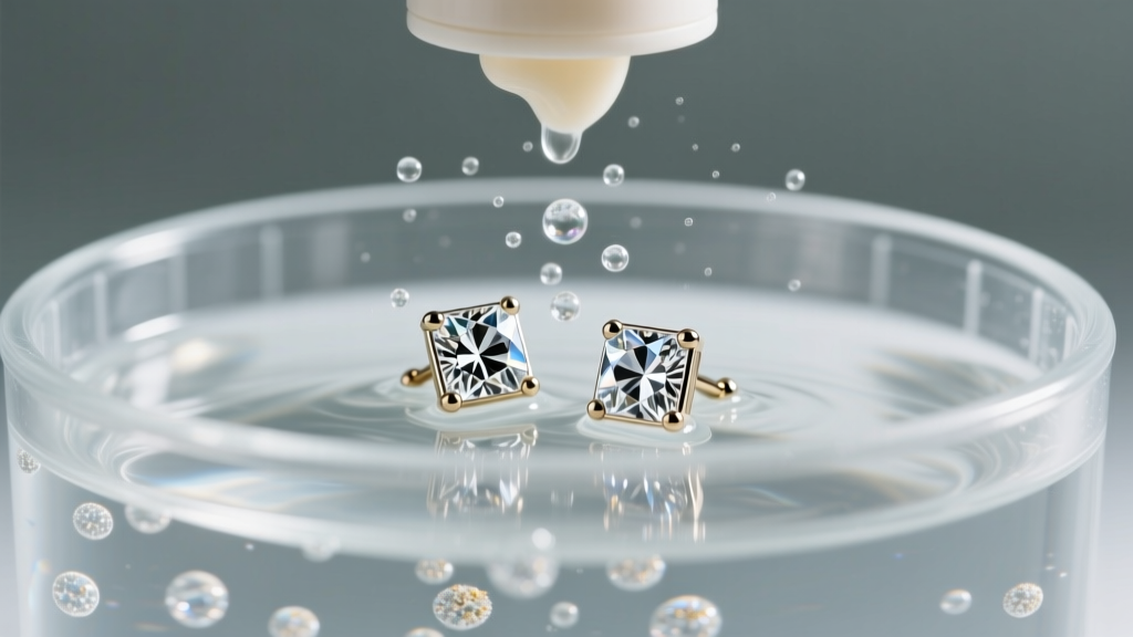 Diamond box studs submerged in an ultrasonic cleaner basket, with cavitation bubbles visibly lifting trapped lotion grime