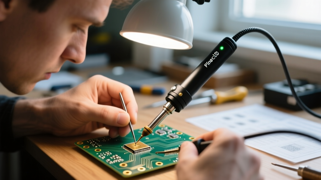 Close-up of a maker using a Pinecil V2 smart soldering iron to attach a surface-mount component to a custom PCB under a magnifying lamp
