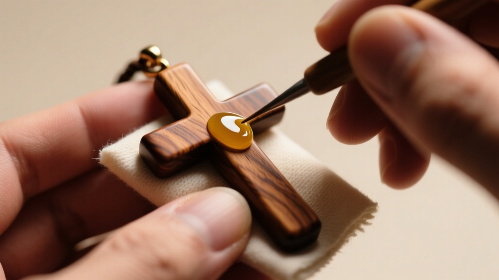 Hands applying beeswax to a rosewood cross pendant with a microfiber cloth, captured in a detailed macro photography style.