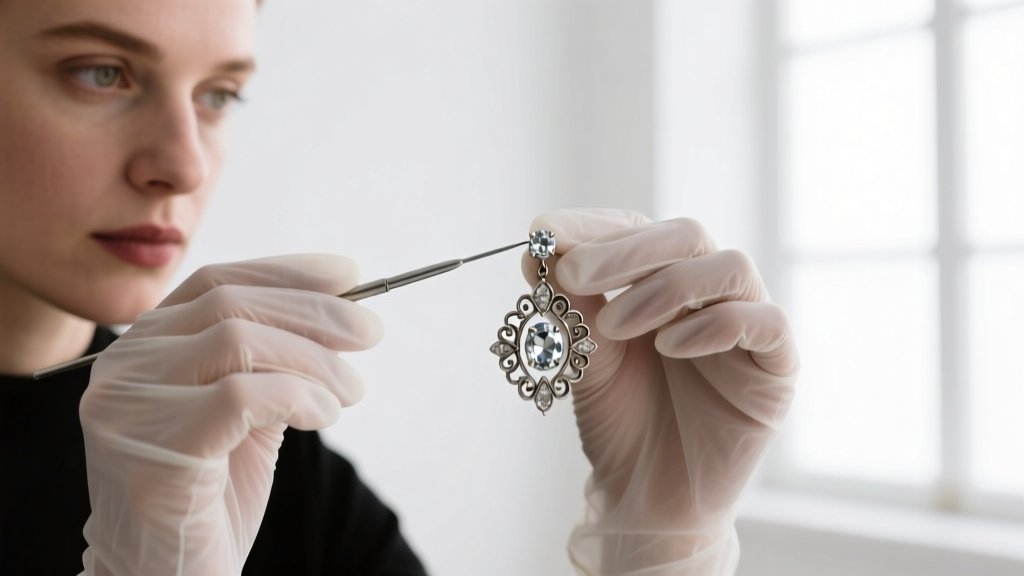 Jeweler using a fine needle to lift a dull rhinestone from a vintage Bogoff earring to replace the oxidized silver foil