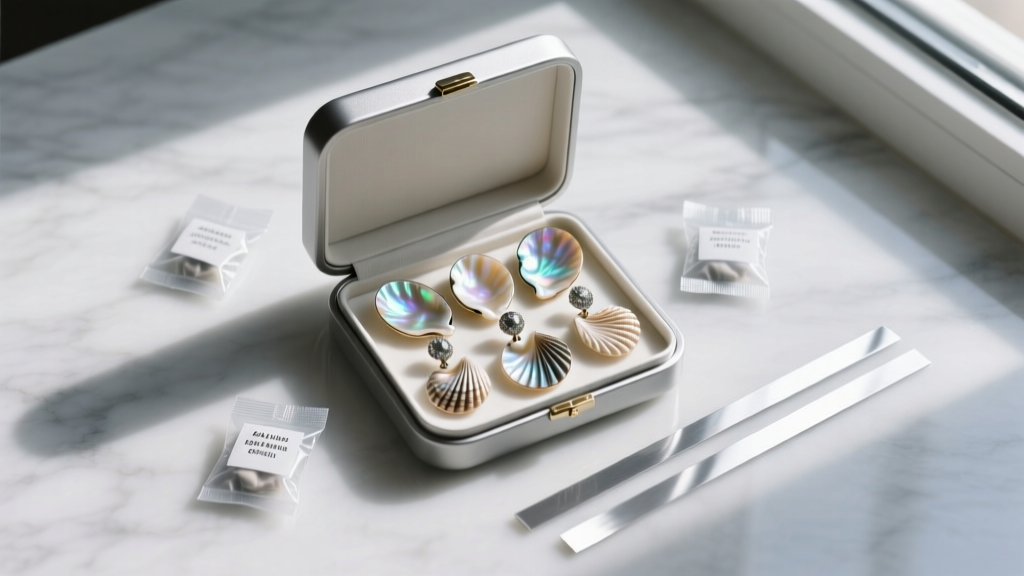 Overhead view of an anti-tarnish jewelry box holding statement shell earrings, alongside silica gel packets and silver strips
