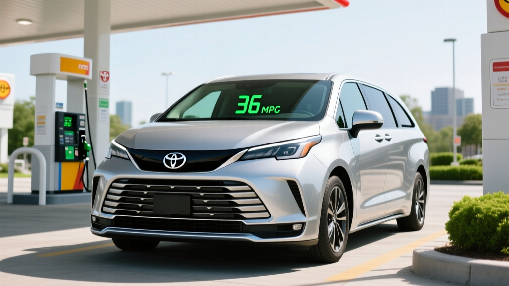 2026 Toyota Sienna Hybrid parked at a gas station showing the fuel economy dashboard display reading 36 MPG