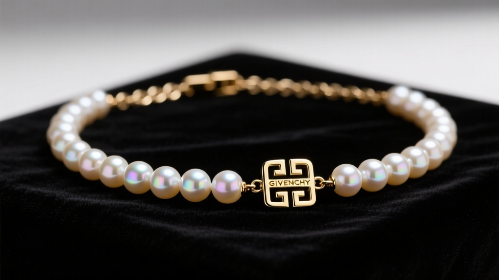 Close-up of a vintage Givenchy glass pearl choker with a gold-tone logo clasp on black velvet under soft studio lighting.