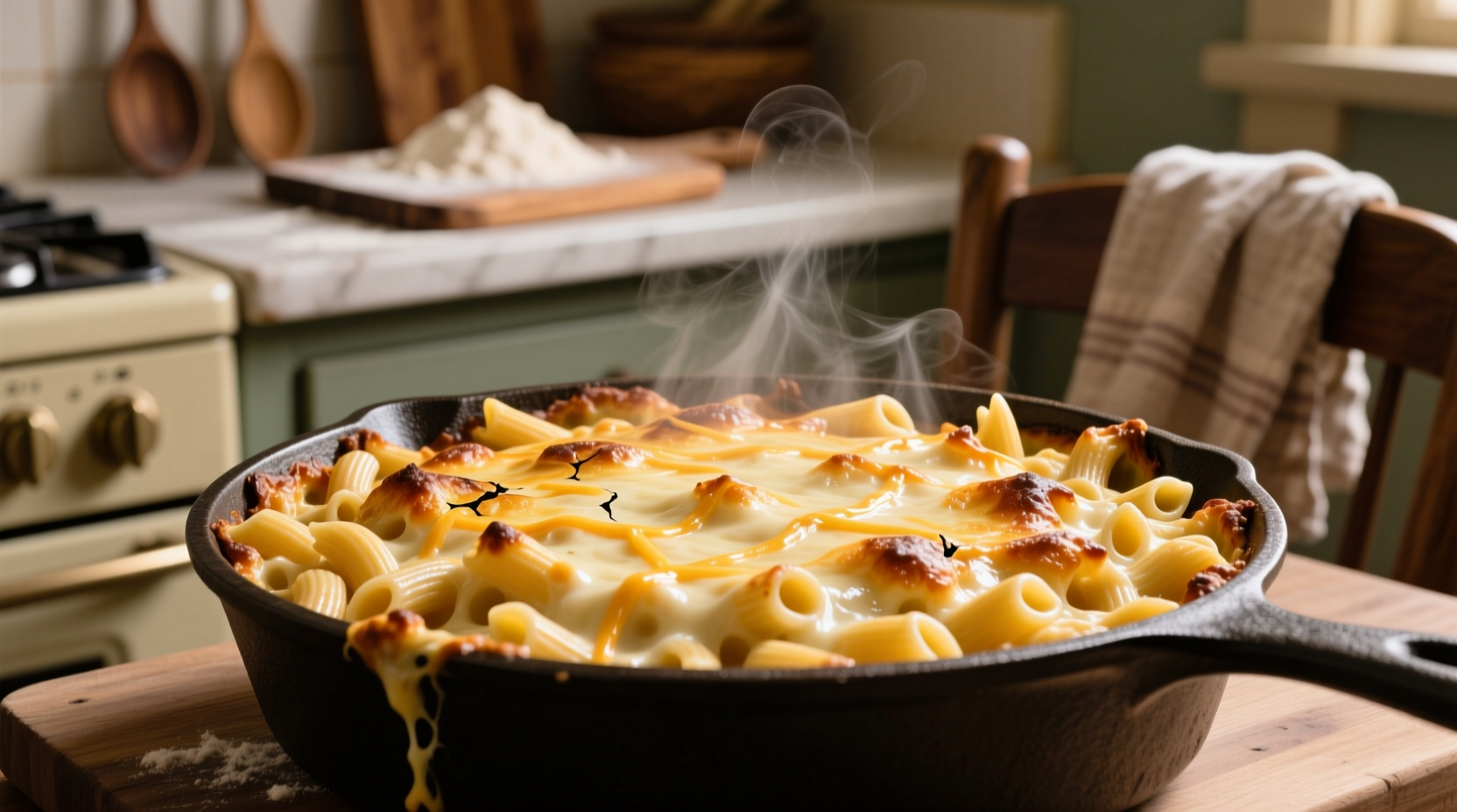Creamy baked macaroni cheese with golden crust