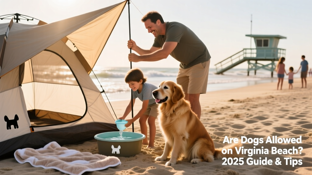 A family setting up a portable dog-friendly beach station with water bowl, towel, and shaded pop-up tent