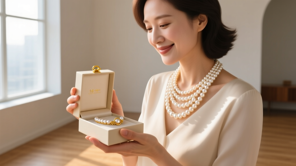 Woman receiving a gift box containing a layered 14k gold clasp pearl necklace, smiling softly in warm, natural window lighting