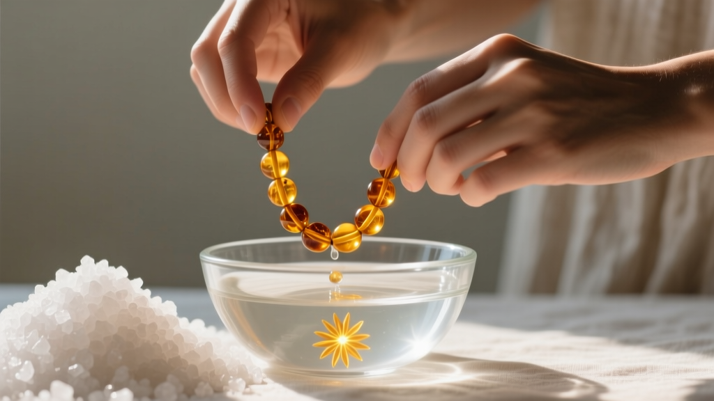 Hands performing a saltwater flotation test on amber teething beads in a clear glass bowl next to a small pile of coarse sea salt.
