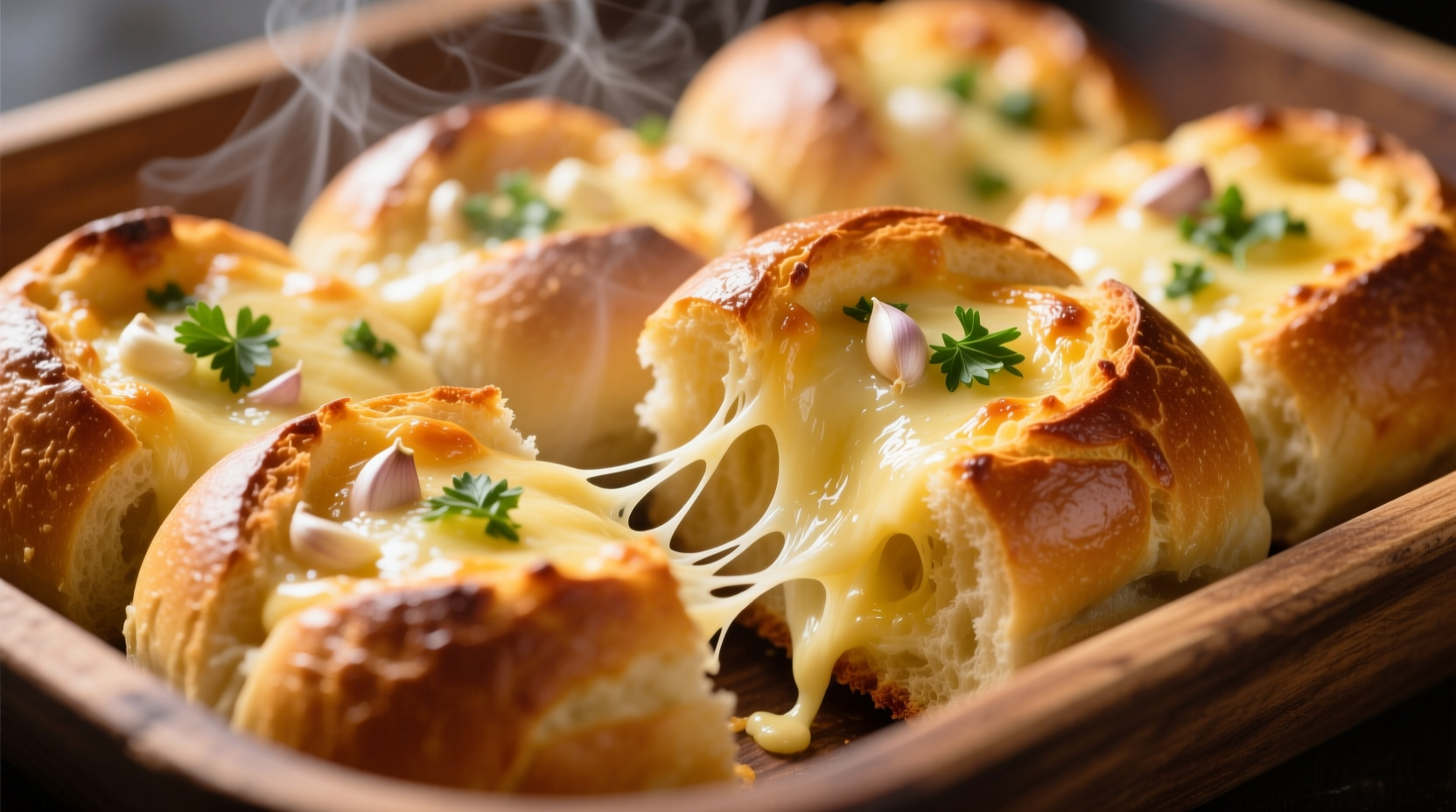 Golden cheesy garlic bread pull-apart with melted cheese strands