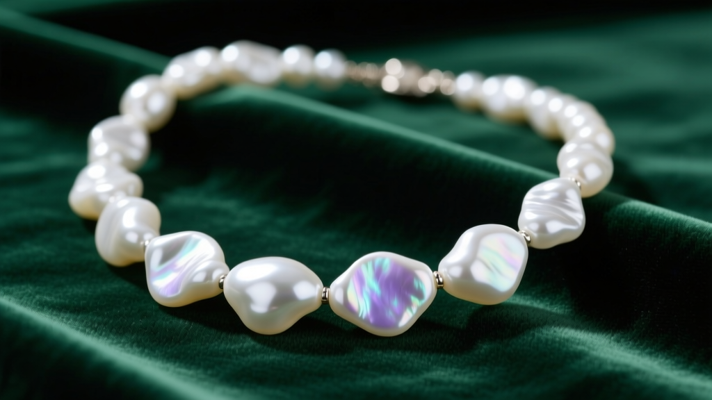 Close-up of an asymmetrical white baroque pearl necklace on dark green velvet, highlighting iridescent nacre and organic shapes