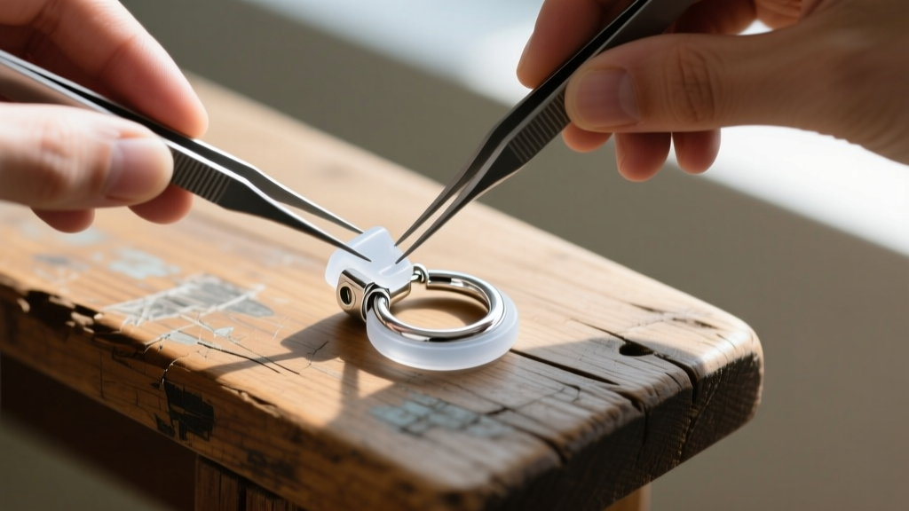 Hands using tweezers to attach a silicone paddle clip-on converter to a sterling silver hoop earring on a scratched wood bench