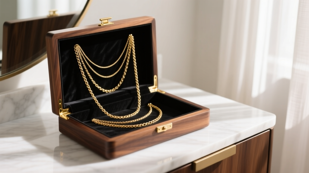 Walnut necklace storage case on marble vanity, showing black anti-tarnish suede lining and hung gold chains in soft morning light