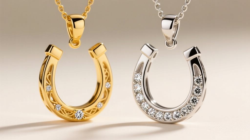 Macro shot comparing 18k yellow gold and platinum diamond horseshoe pendants, showing distinct prong finishing and metal luster