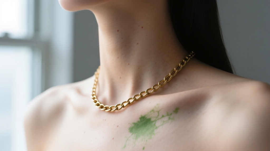 Close-up of a collarbone showing a faint green stain from a brass chain necklace, illuminated by soft natural window light.