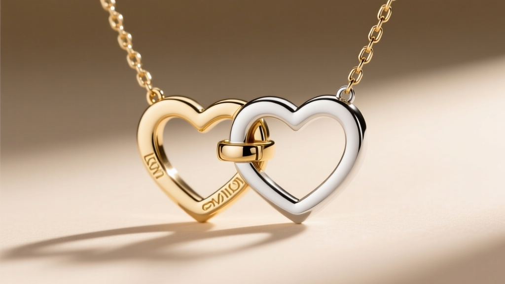 Extreme close-up of a hidden integrated bail connecting an 18k white gold interlocking heart pendant to a 1.2mm box chain.