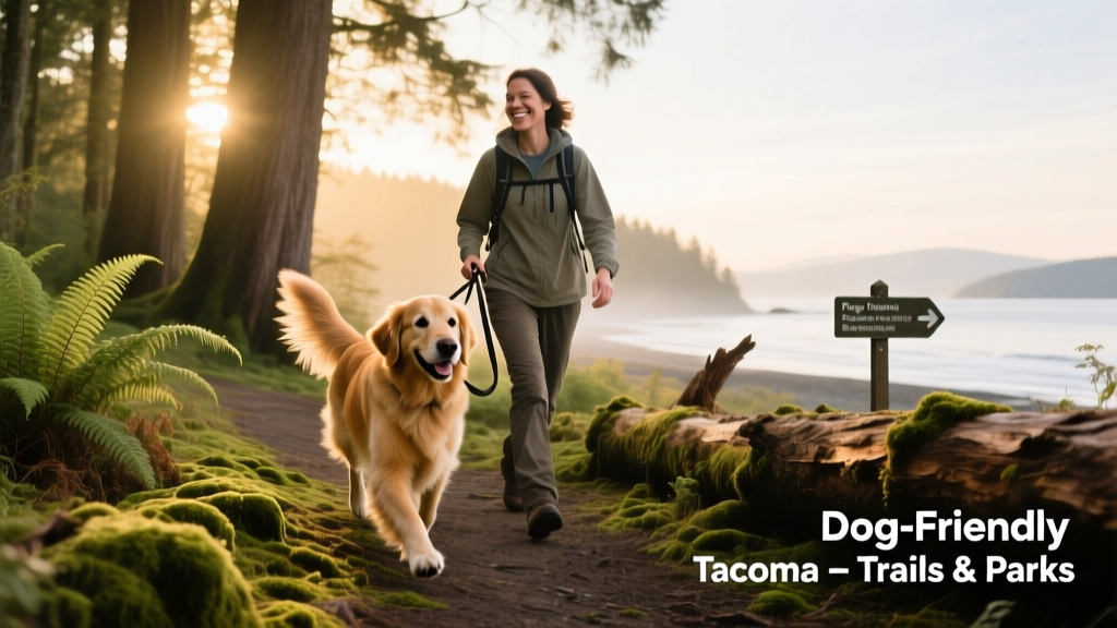 A golden retriever walking along a forested trail near Puget Sound with its owner, both enjoying a sunny day hike