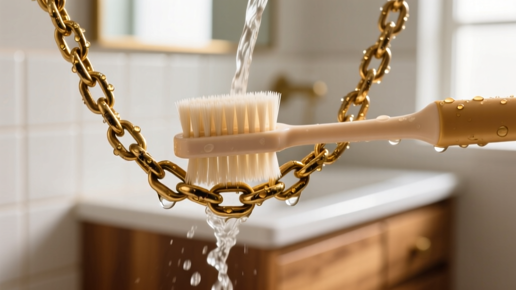 Close-up of a soft-bristled baby toothbrush gently scrubbing a tarnished brass-based fashion necklace chain under warm water.