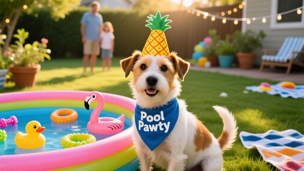 A smiling terrier mix wearing a pineapple-shaped birthday hat and a blue 'pool pawty' bandana, sitting beside a decorated inflatable pool with floating toys