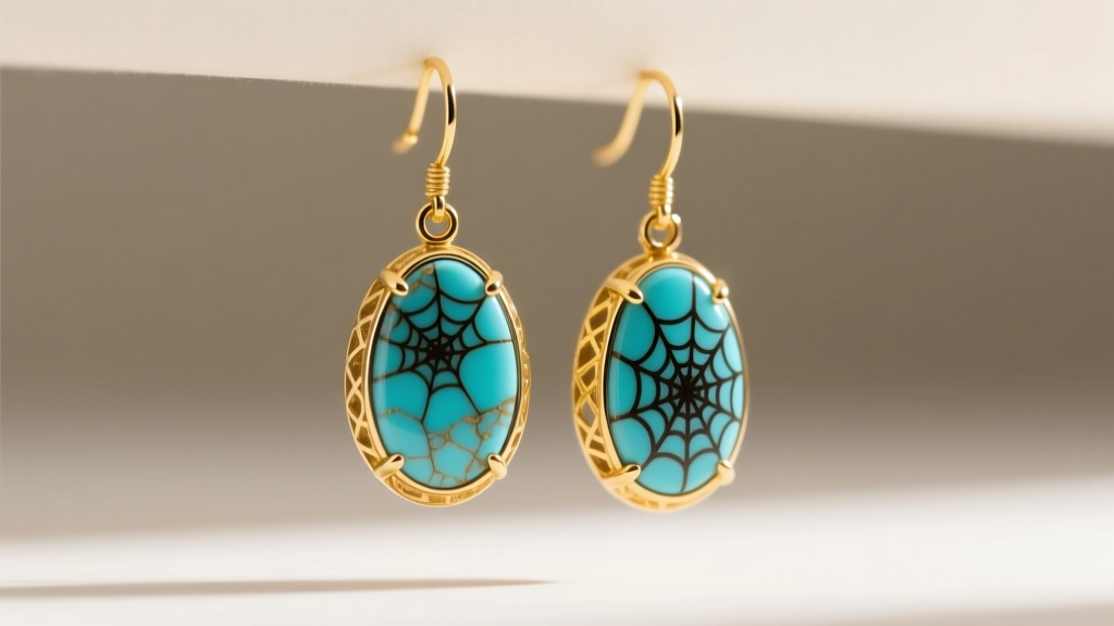 Close-up of 14k yellow gold drop earrings with natural Kingman turquoise cabochons showing distinct dark spiderweb matrix patterns