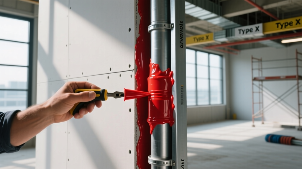 Contractor applying red intumescent firestop sealant around an electrical conduit penetrating a Type X fire-rated drywall partition