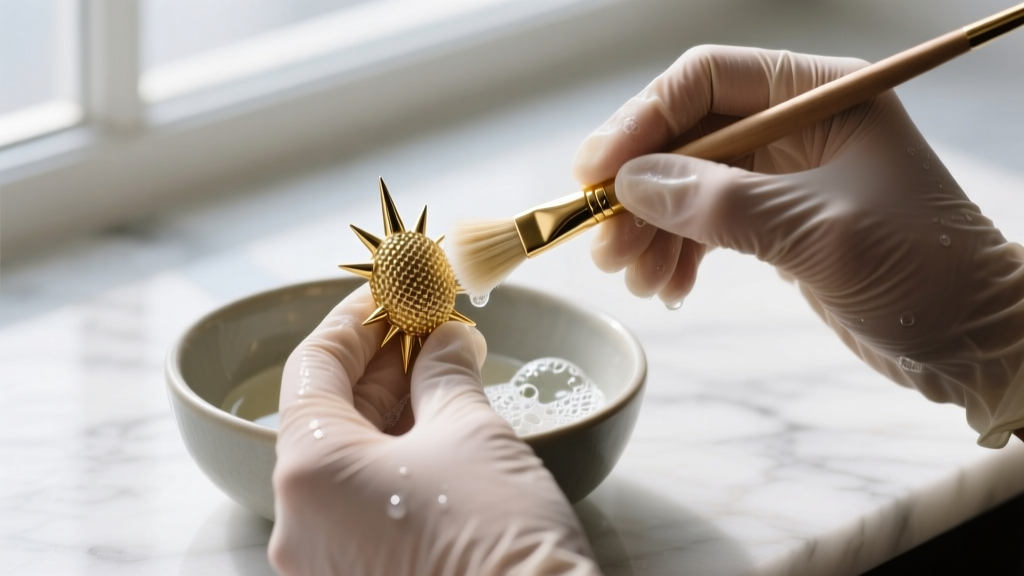 Hands in gloves gently cleaning a textured gold spike earring with a soft bristle brush and mild soapy solution in a ceramic bowl