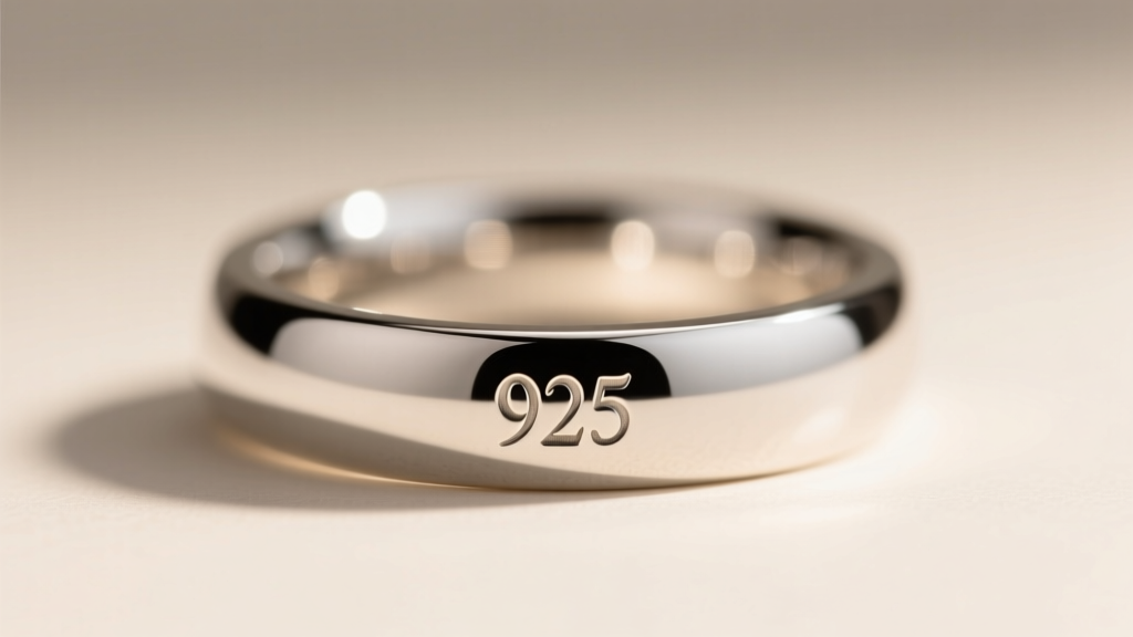 Macro shot of a 925 hallmark stamped inside a polished sterling silver ring, showing crisp engraving under warm studio light