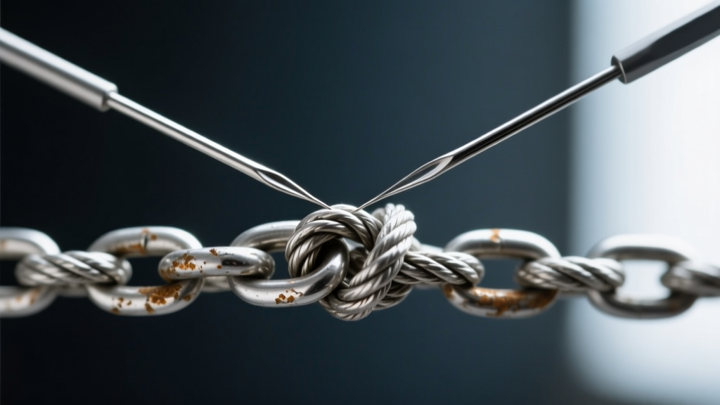 Macro shot of two fine needles prying a tight knot in a tarnished sterling silver rope chain, with a softly blurred dark background.